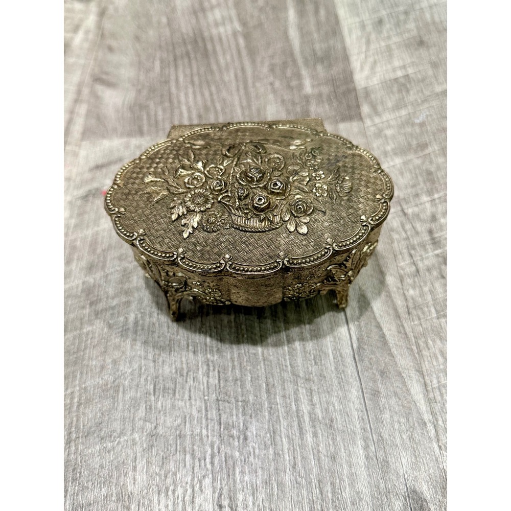 Vintage Footed Jewelry Box Made in Japan Silver Tone Floral Red Velvet Lining